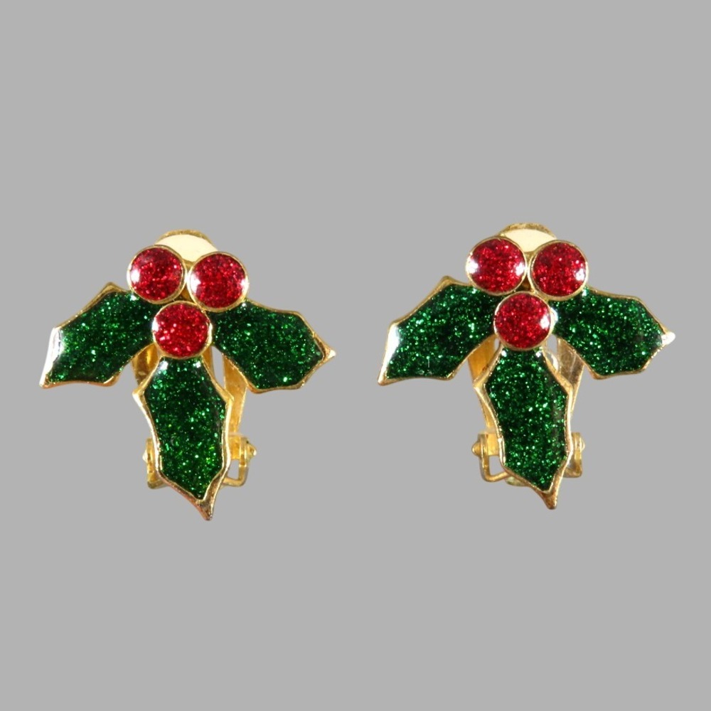 Vintage CLIP ON CHRISTMAS EARRINGS Gold Tone GREEN RED HOLLY BERRIES Glitter!